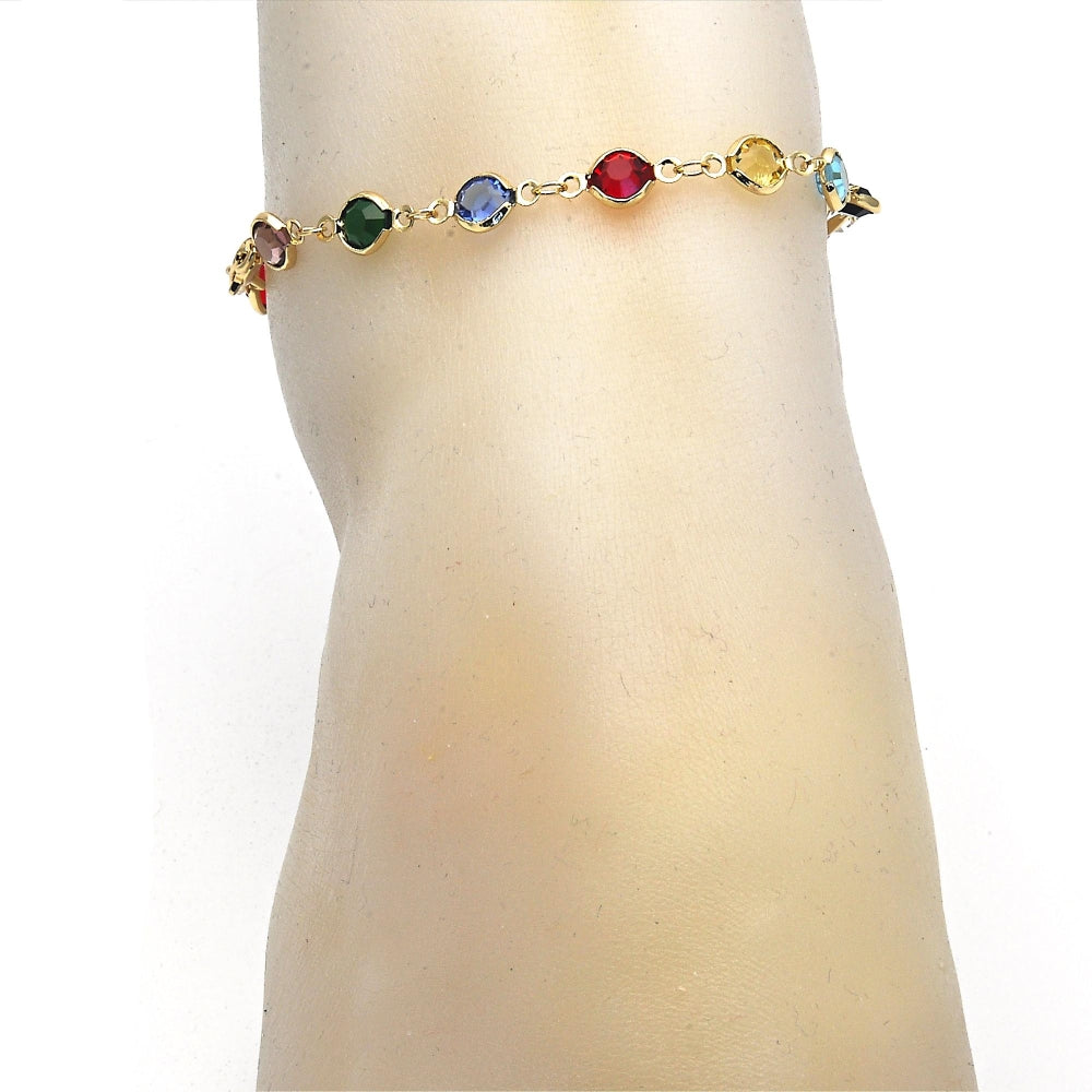 Oro Laminado Fancy Anklet, Gold Filled Style with Multicolor Crystal, Polished, Golden Finish