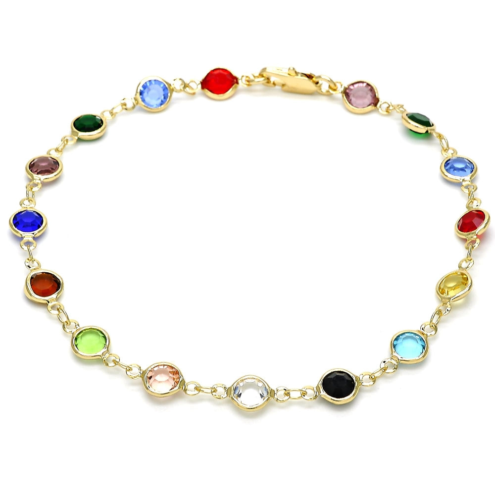 Oro Laminado Fancy Anklet, Gold Filled Style with Multicolor Crystal, Polished, Golden Finish