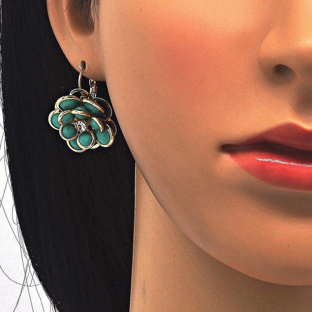 Oro Laminado Leverback Earring, Gold Filled Style Flower Design, with Turquoise and White Crystal, Polished, Golden Finish