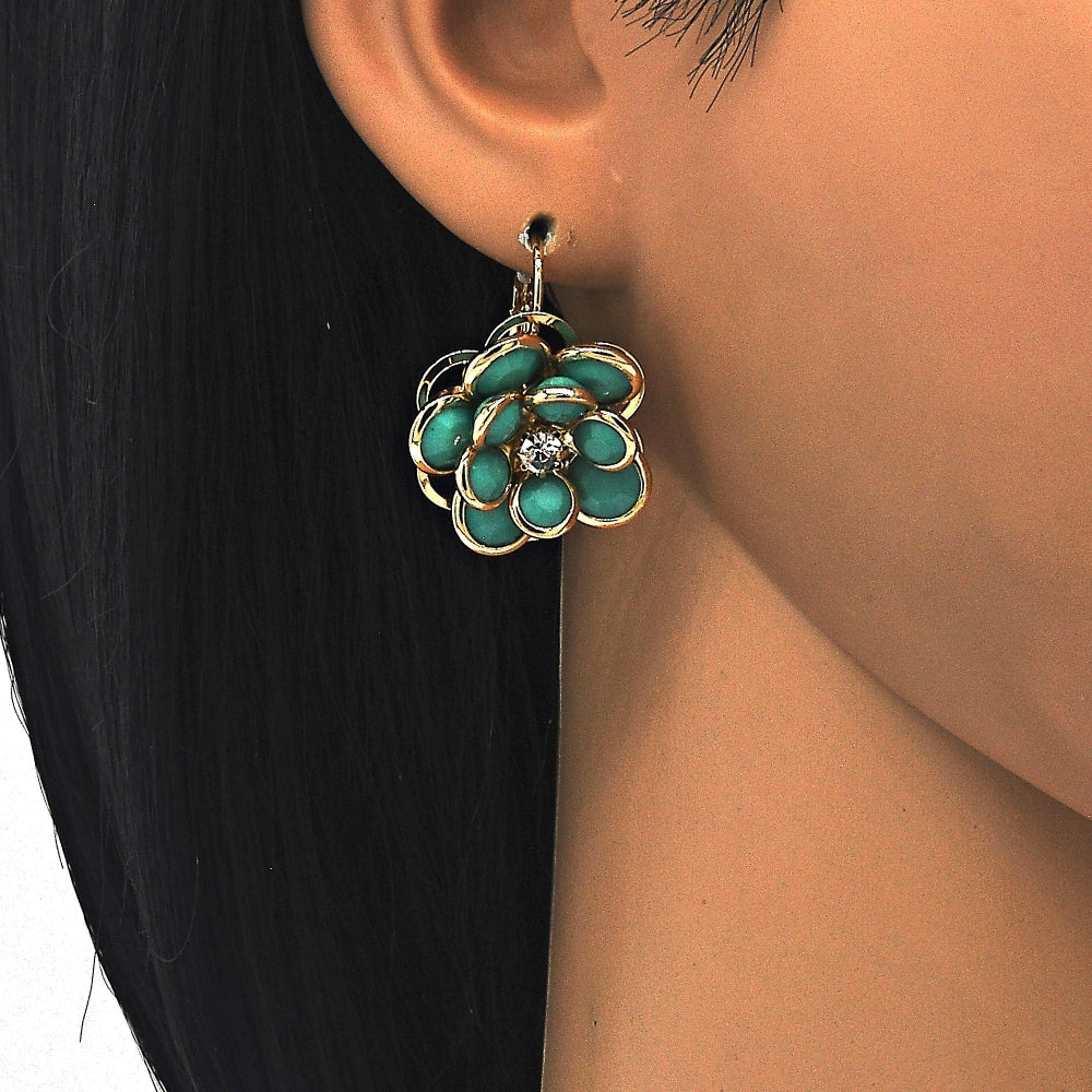 Oro Laminado Leverback Earring, Gold Filled Style Flower Design, with Turquoise and White Crystal, Polished, Golden Finish
