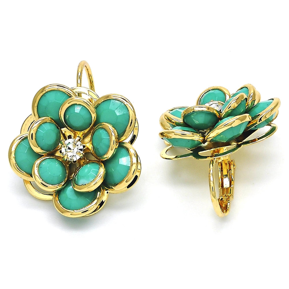 Oro Laminado Leverback Earring, Gold Filled Style Flower Design, with Turquoise and White Crystal, Polished, Golden Finish