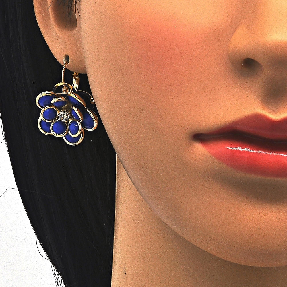 Oro Laminado Leverback Earring, Gold Filled Style Flower Design, with Sapphire Blue and White Crystal, Polished, Golden Finish