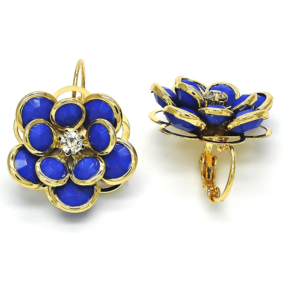 Oro Laminado Leverback Earring, Gold Filled Style Flower Design, with Sapphire Blue and White Crystal, Polished, Golden Finish