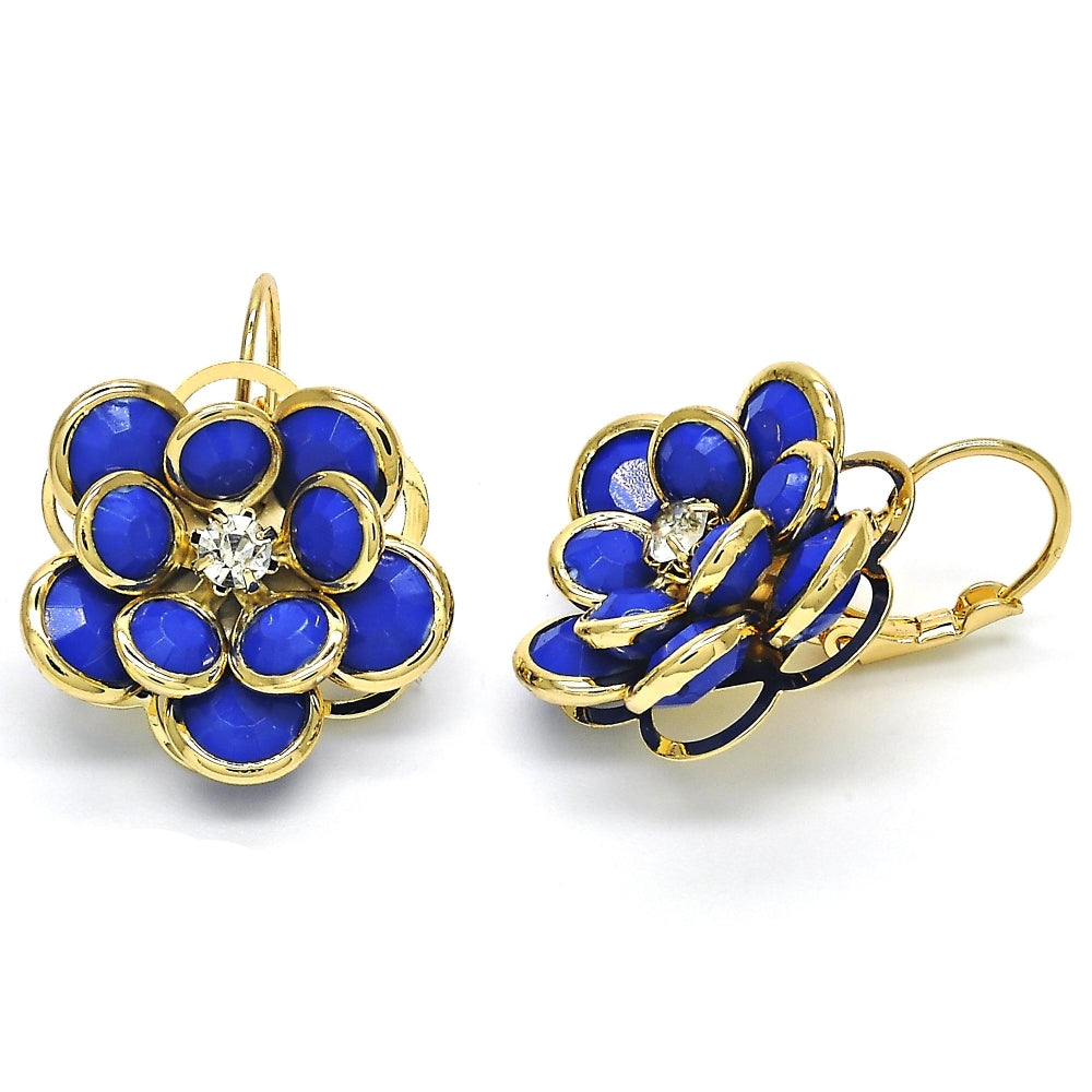 Oro Laminado Leverback Earring, Gold Filled Style Flower Design, with Sapphire Blue and White Crystal, Polished, Golden Finish