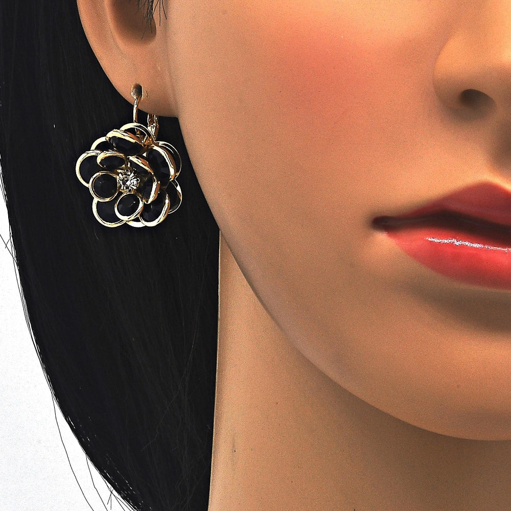 Oro Laminado Leverback Earring, Gold Filled Style Flower Design, with Black and White Crystal, Polished, Golden Finish