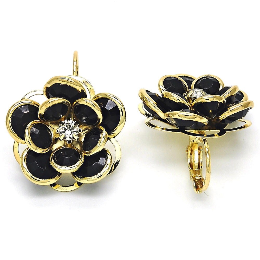 Oro Laminado Leverback Earring, Gold Filled Style Flower Design, with Black and White Crystal, Polished, Golden Finish