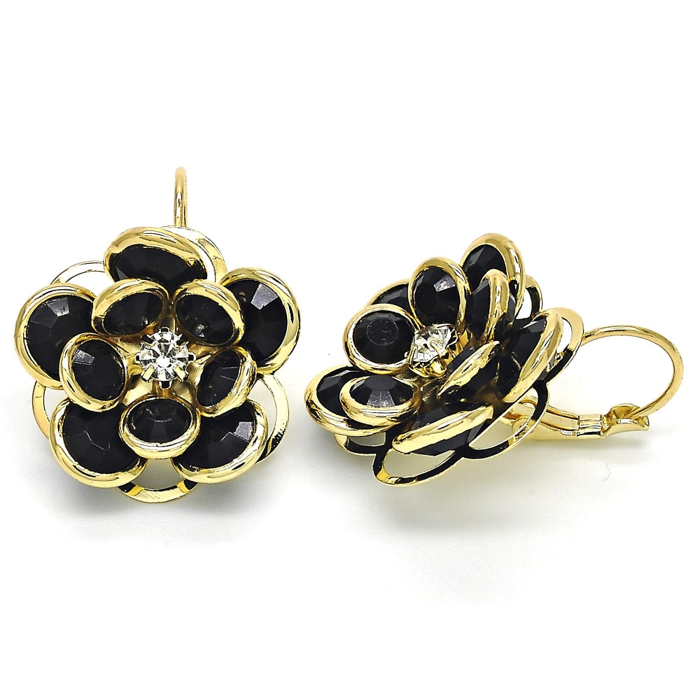 Oro Laminado Leverback Earring, Gold Filled Style Flower Design, with Black and White Crystal, Polished, Golden Finish