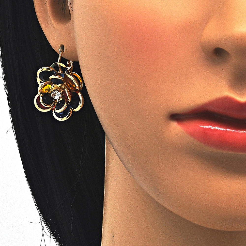 Oro Laminado Leverback Earring, Gold Filled Style Flower Design, with Multicolor Crystal, Polished, Golden Finish