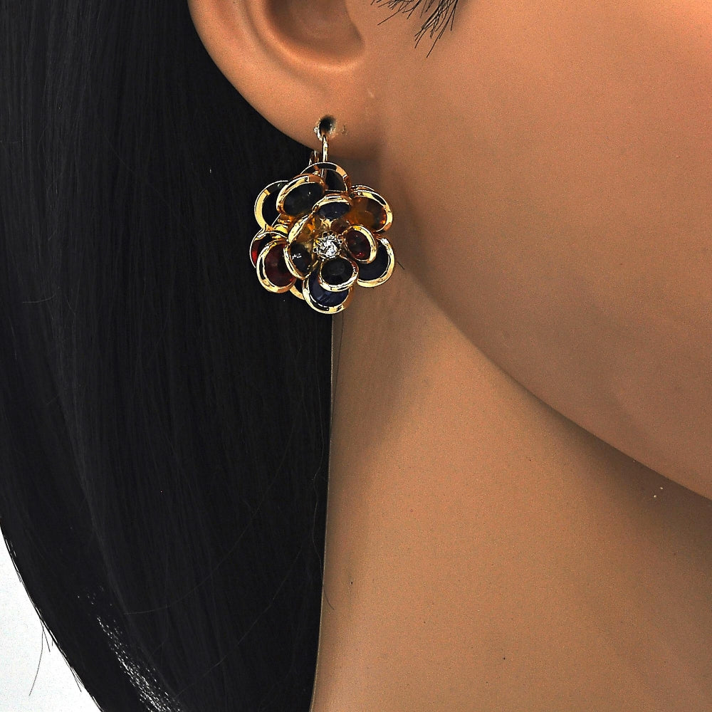 Oro Laminado Leverback Earring, Gold Filled Style Flower Design, with Multicolor Crystal, Polished, Golden Finish