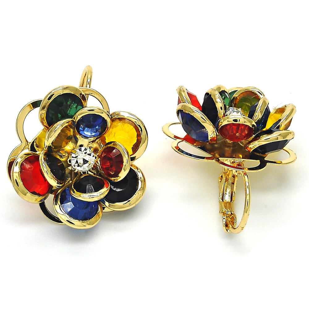 Oro Laminado Leverback Earring, Gold Filled Style Flower Design, with Multicolor Crystal, Polished, Golden Finish