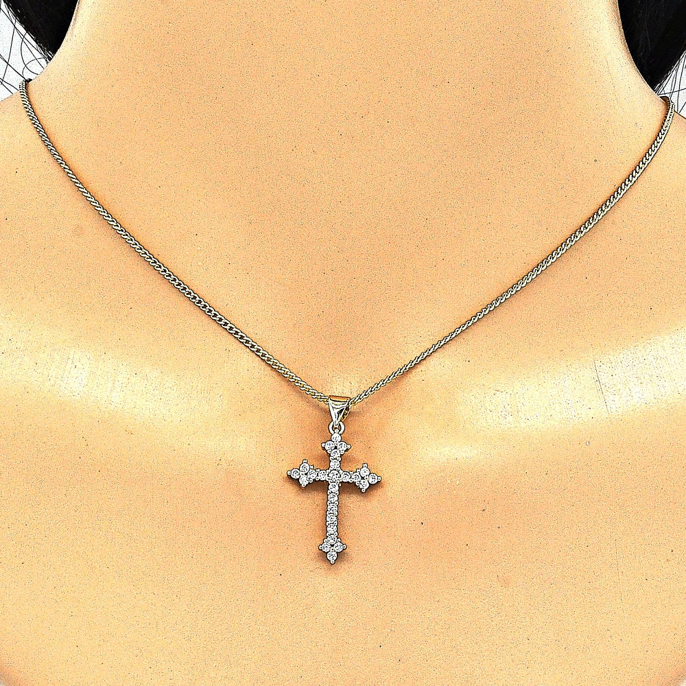 Oro Laminado Pendant Necklace, Gold Filled Style Cross Design, with White Cubic Zirconia, Polished, Golden Finish