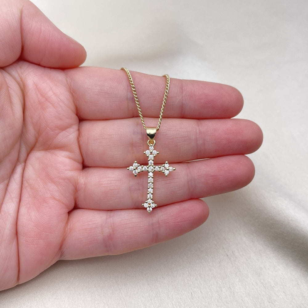 Oro Laminado Pendant Necklace, Gold Filled Style Cross Design, with White Cubic Zirconia, Polished, Golden Finish