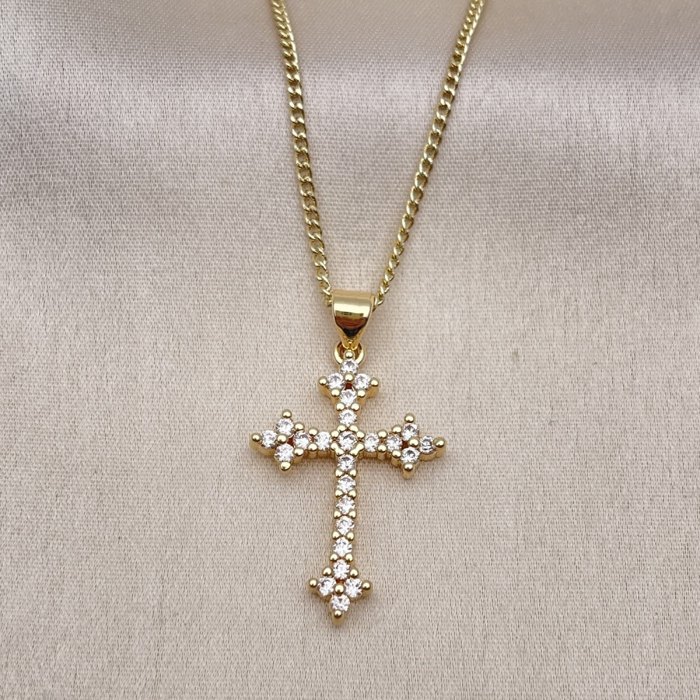 Oro Laminado Pendant Necklace, Gold Filled Style Cross Design, with White Cubic Zirconia, Polished, Golden Finish