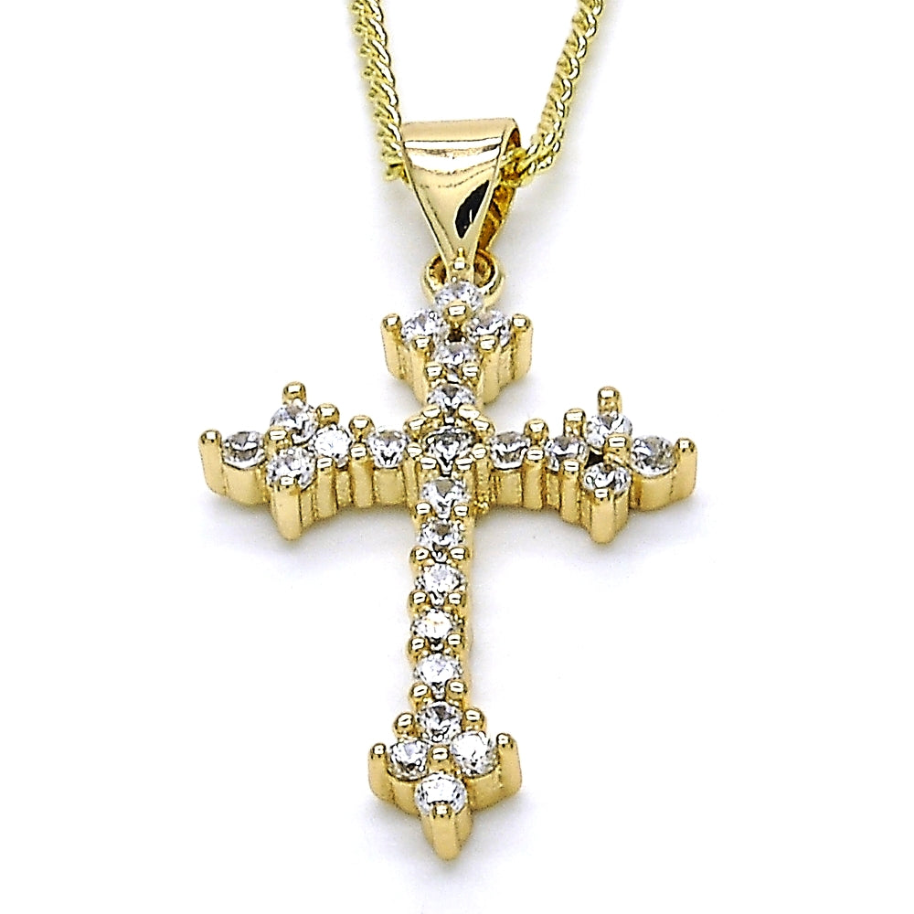 Oro Laminado Pendant Necklace, Gold Filled Style Cross Design, with White Cubic Zirconia, Polished, Golden Finish