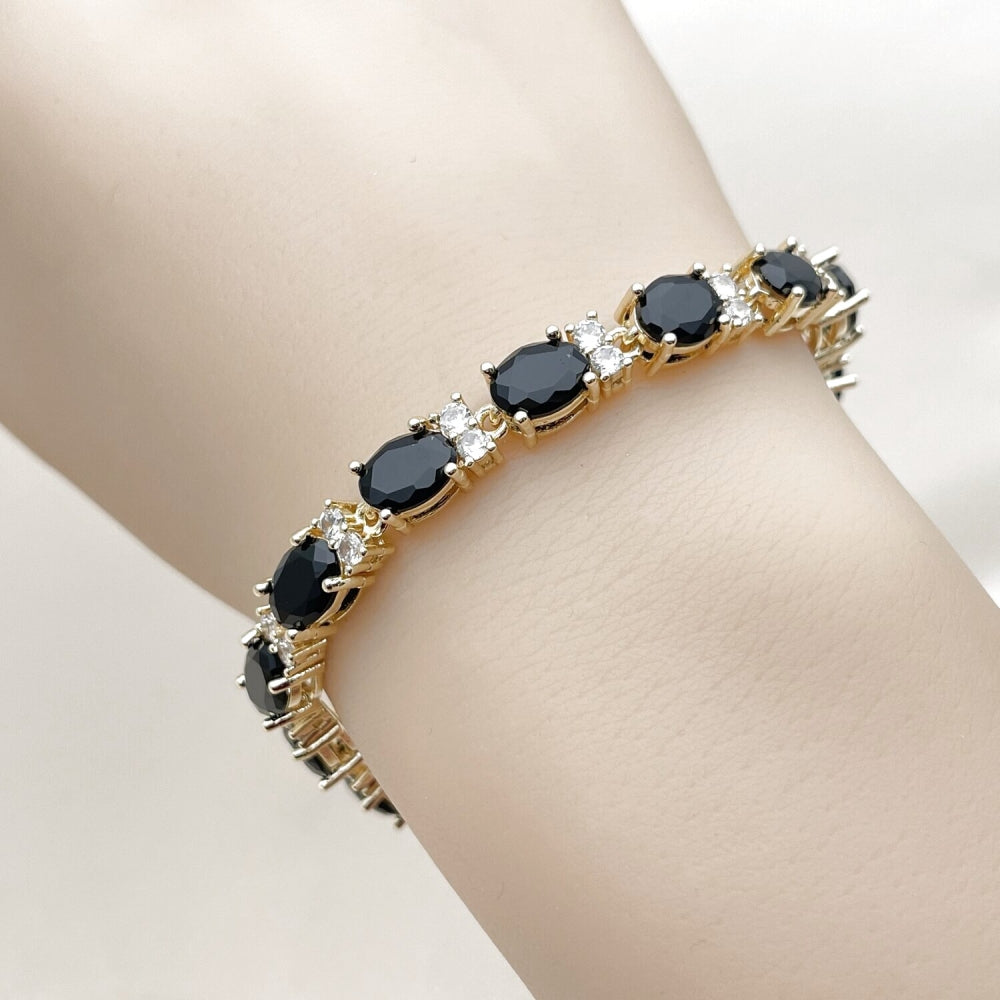 Oro Laminado Fancy Bracelet, Gold Filled Style with Black and White Cubic Zirconia, Polished, Golden Finish