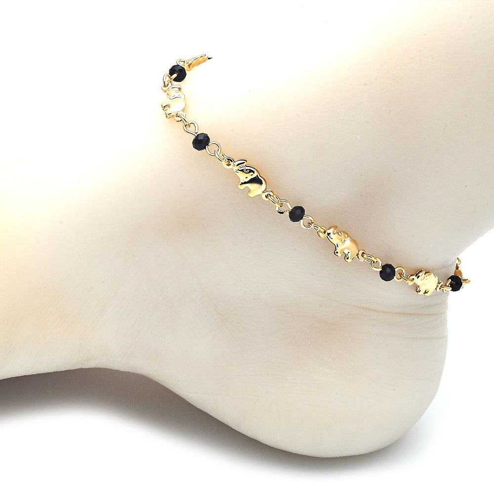 Oro Laminado Fancy Anklet, Gold Filled Style Elephant Design, with Black Crystal, Black Polished, Golden Finish