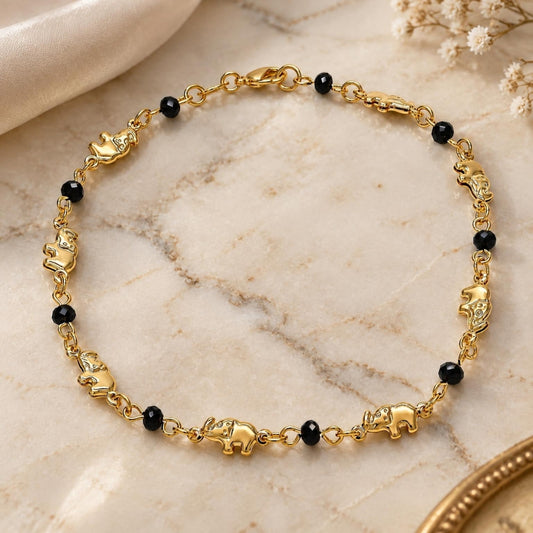 Oro Laminado Fancy Anklet, Gold Filled Style Elephant Design, with Black Crystal, Black Polished, Golden Finish