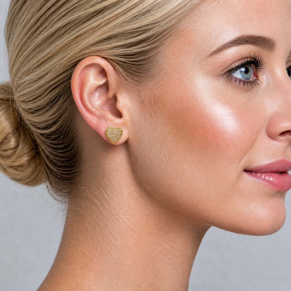 Oro Laminado Stud Earring, Gold Filled Style Heart Design, with White Cubic Zirconia, Polished, Golden Finish