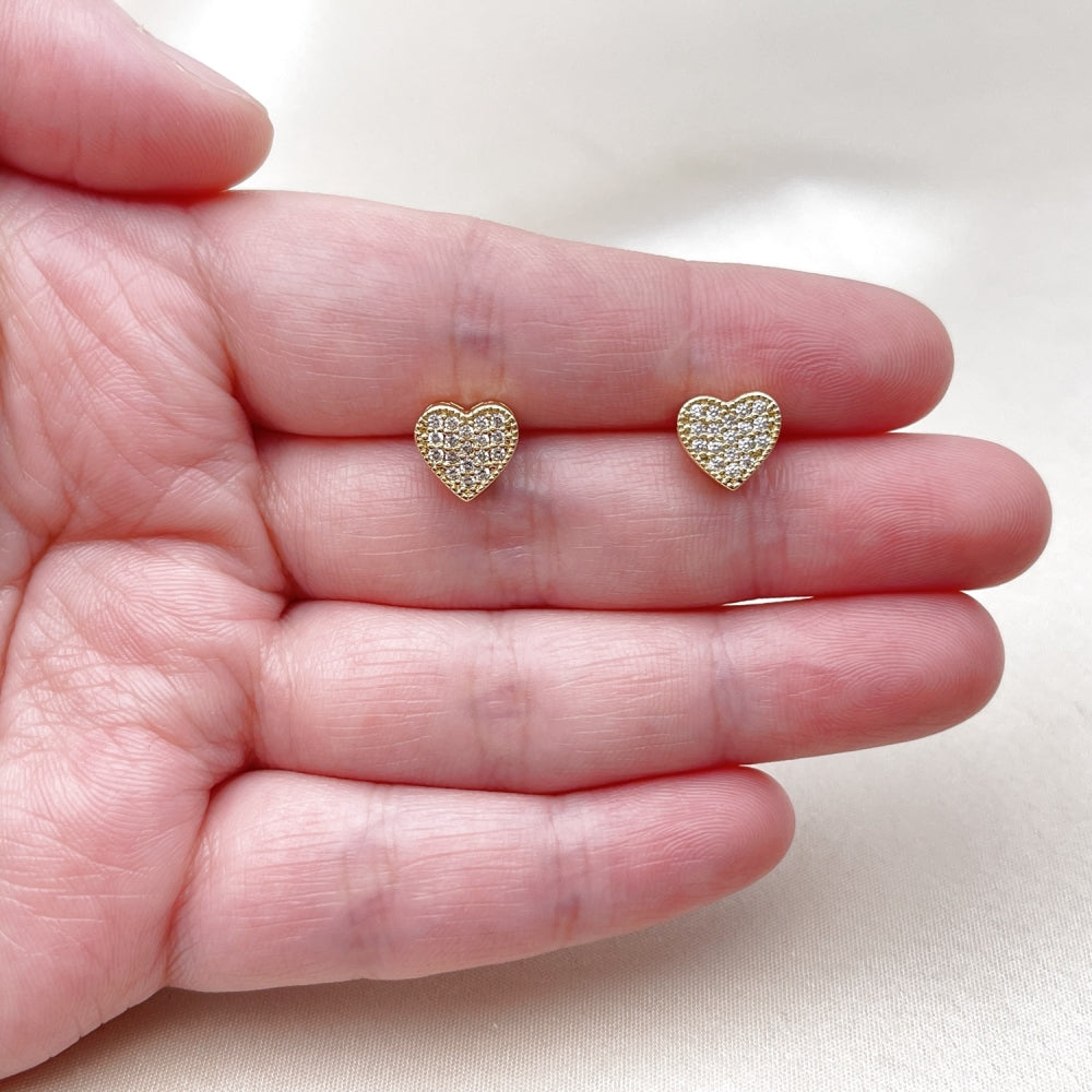 Oro Laminado Stud Earring, Gold Filled Style Heart Design, with White Cubic Zirconia, Polished, Golden Finish