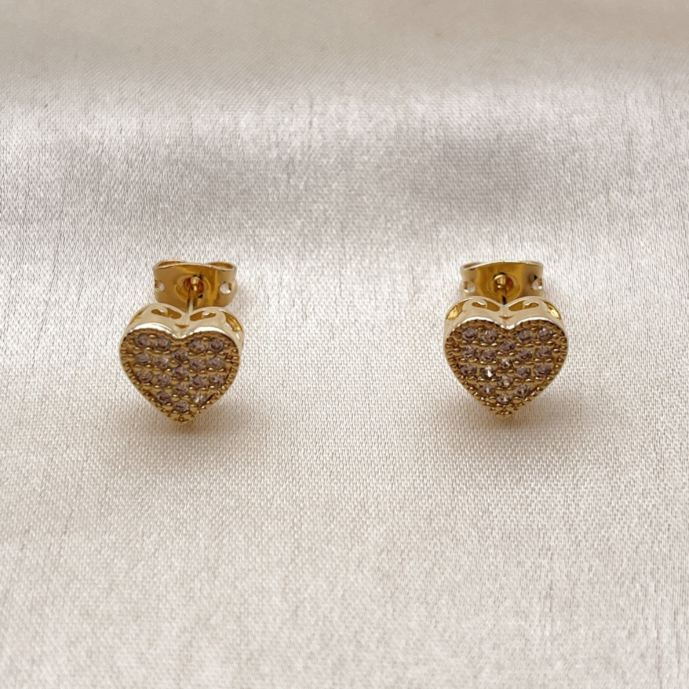 Oro Laminado Stud Earring, Gold Filled Style Heart Design, with White Cubic Zirconia, Polished, Golden Finish