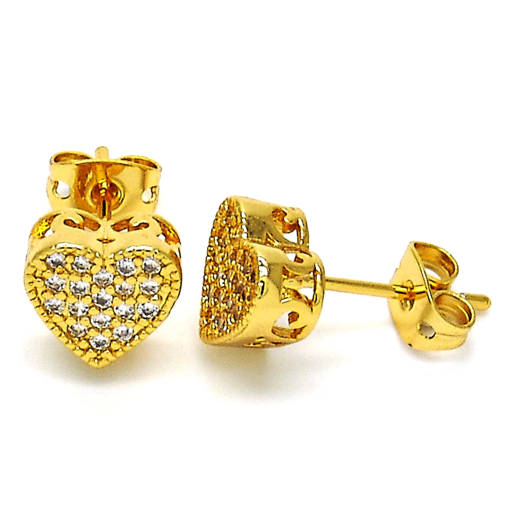 Oro Laminado Stud Earring, Gold Filled Style Heart Design, with White Cubic Zirconia, Polished, Golden Finish