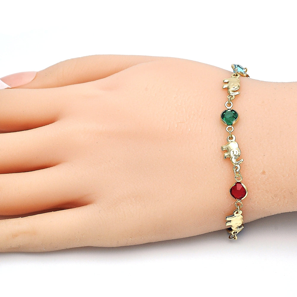 Oro Laminado Fancy Bracelet, Gold Filled Style Elephant Design, with Multicolor Crystal, Polished, Golden Finish