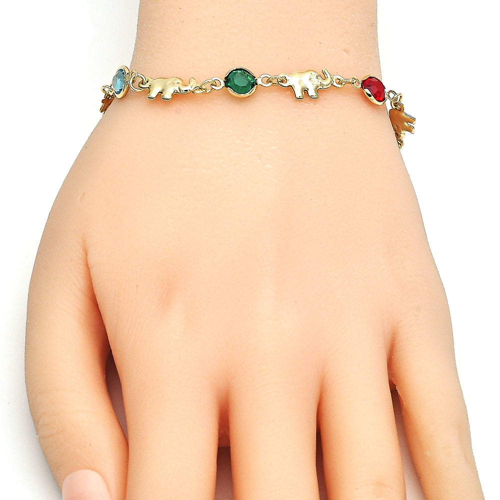 Oro Laminado Fancy Bracelet, Gold Filled Style Elephant Design, with Multicolor Crystal, Polished, Golden Finish