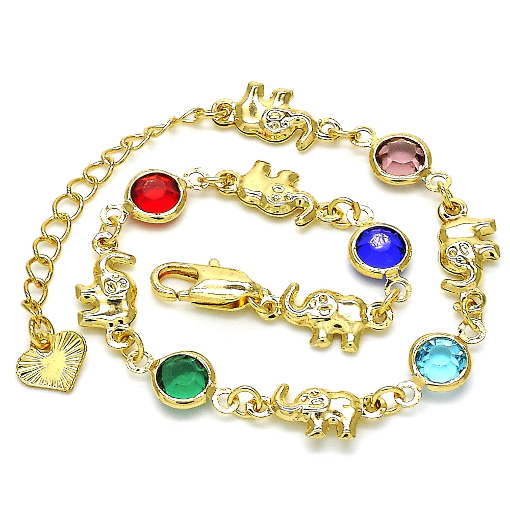 Oro Laminado Fancy Bracelet, Gold Filled Style Elephant Design, with Multicolor Crystal, Polished, Golden Finish