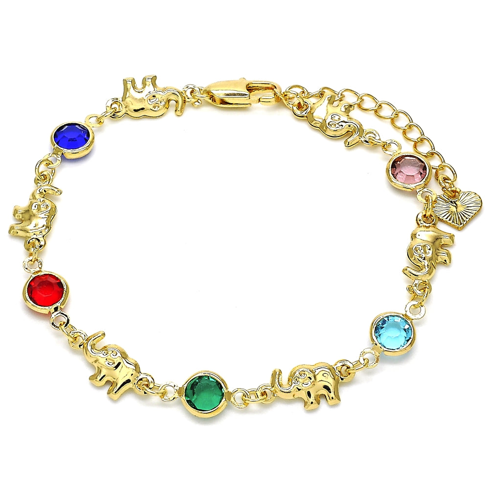 Oro Laminado Fancy Bracelet, Gold Filled Style Elephant Design, with Multicolor Crystal, Polished, Golden Finish