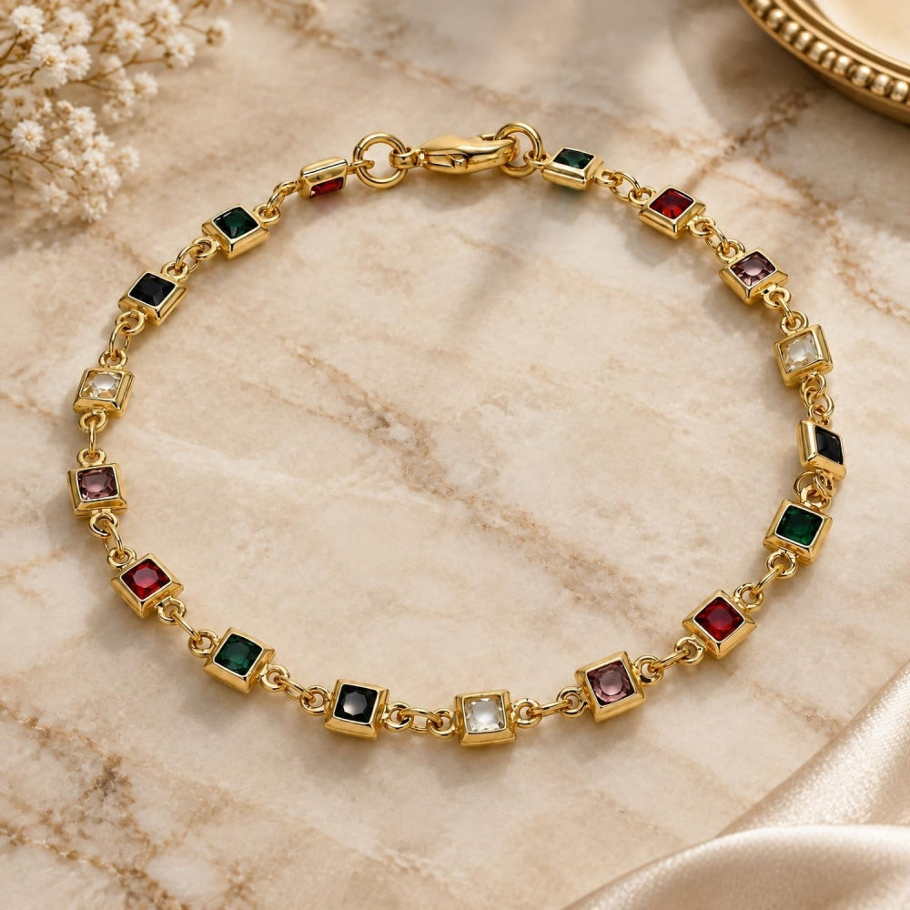 Oro Laminado Fancy Bracelet, Gold Filled Style with Multicolor Crystal, Polished, Golden Finish