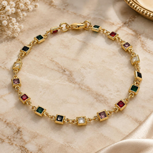 Oro Laminado Fancy Bracelet, Gold Filled Style with Multicolor Crystal, Polished, Golden Finish
