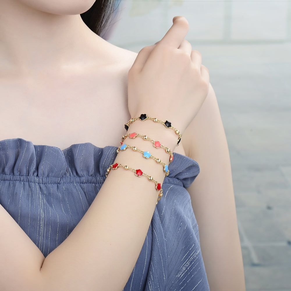 Oro Laminado Fancy Bracelet, Gold Filled Style Flower Design, Red Enamel Finish, Golden Finish
