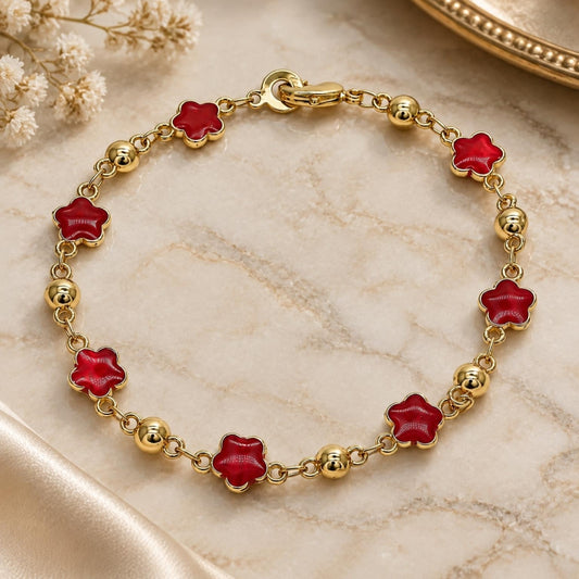 Oro Laminado Fancy Bracelet, Gold Filled Style Flower Design, Red Enamel Finish, Golden Finish