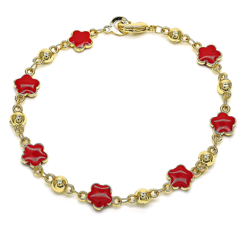 Oro Laminado Fancy Bracelet, Gold Filled Style Flower Design, Red Enamel Finish, Golden Finish