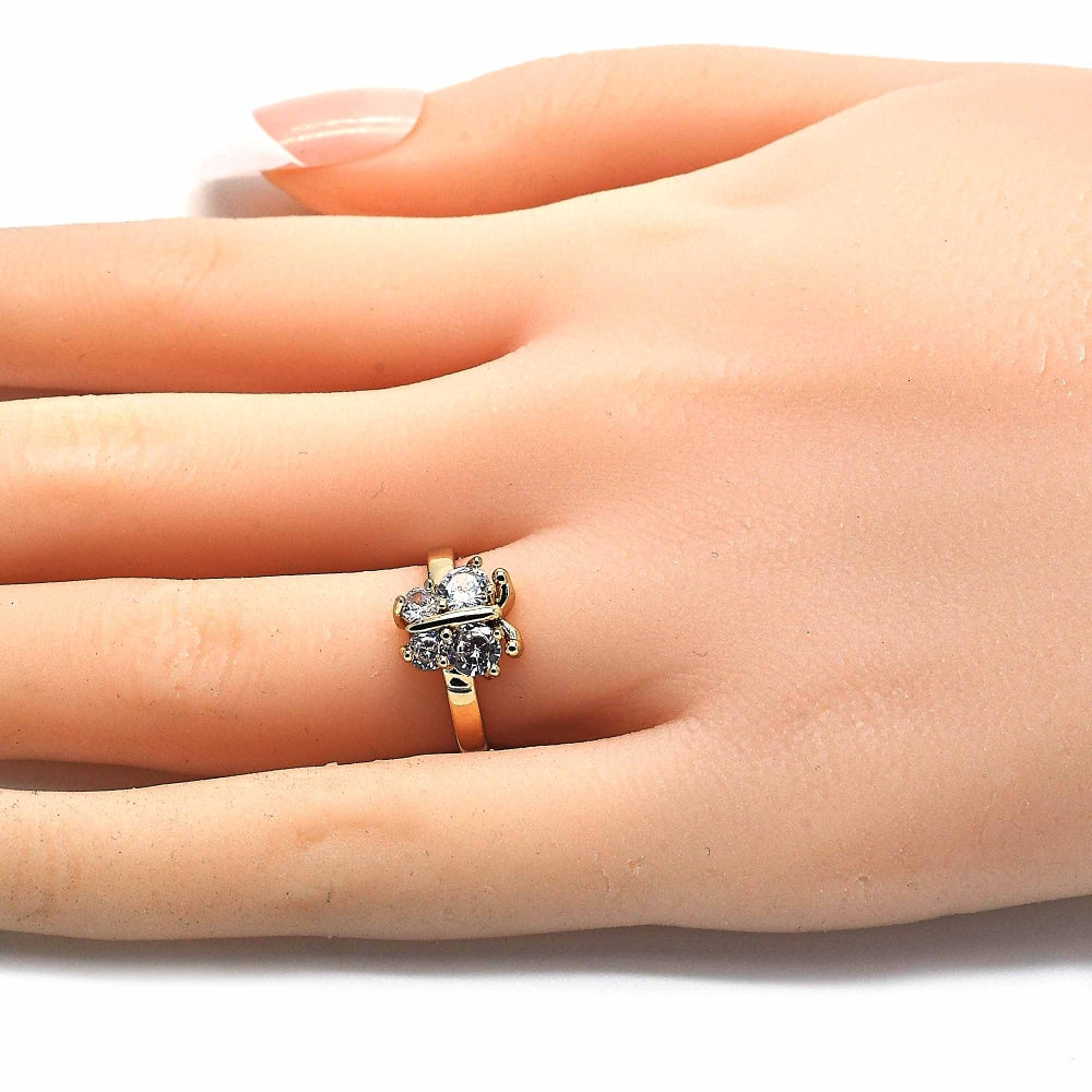 Oro Laminado Multi Stone Ring, Gold Filled Style Butterfly Design, with White Cubic Zirconia, Polished, Golden Finish