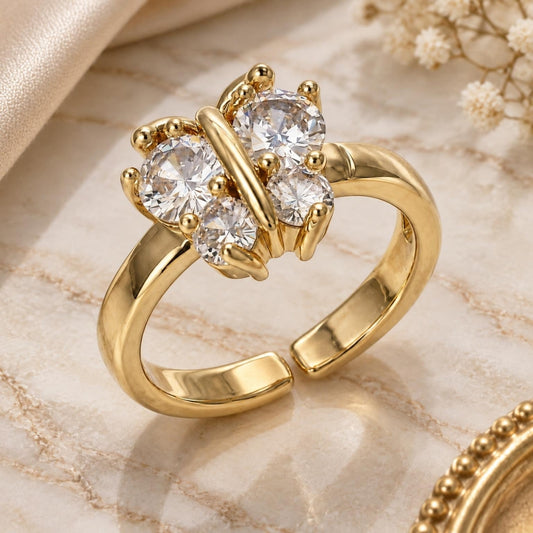 Oro Laminado Multi Stone Ring, Gold Filled Style Butterfly Design, with White Cubic Zirconia, Polished, Golden Finish