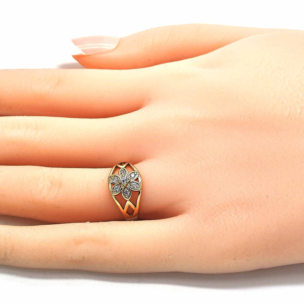 Oro Laminado Multi Stone Ring, Gold Filled Style Flower Design, with White Cubic Zirconia, Polished, Golden Finish