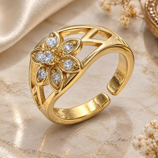 Oro Laminado Multi Stone Ring, Gold Filled Style Flower Design, with White Cubic Zirconia, Polished, Golden Finish