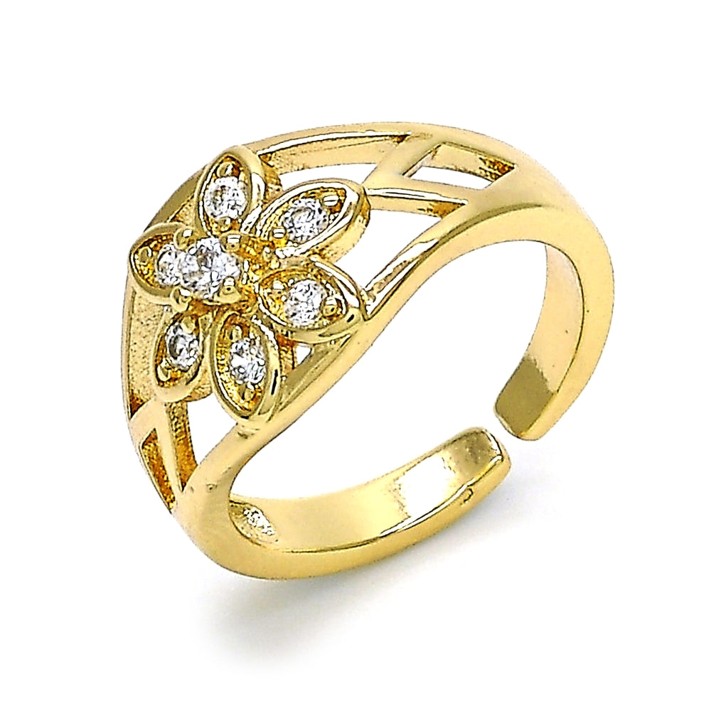 Oro Laminado Multi Stone Ring, Gold Filled Style Flower Design, with White Cubic Zirconia, Polished, Golden Finish