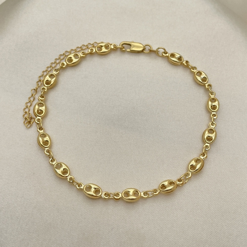 Oro Laminado Fancy Anklet, Gold Filled Style Puff Mariner Design, Polished, Golden Finish
