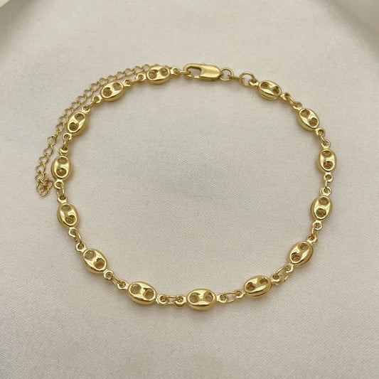Oro Laminado Fancy Anklet, Gold Filled Style Puff Mariner Design, Polished, Golden Finish