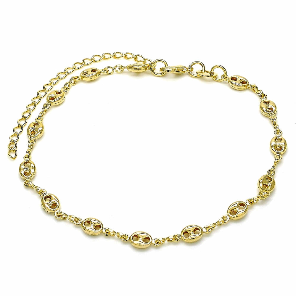 Oro Laminado Fancy Anklet, Gold Filled Style Puff Mariner Design, Polished, Golden Finish