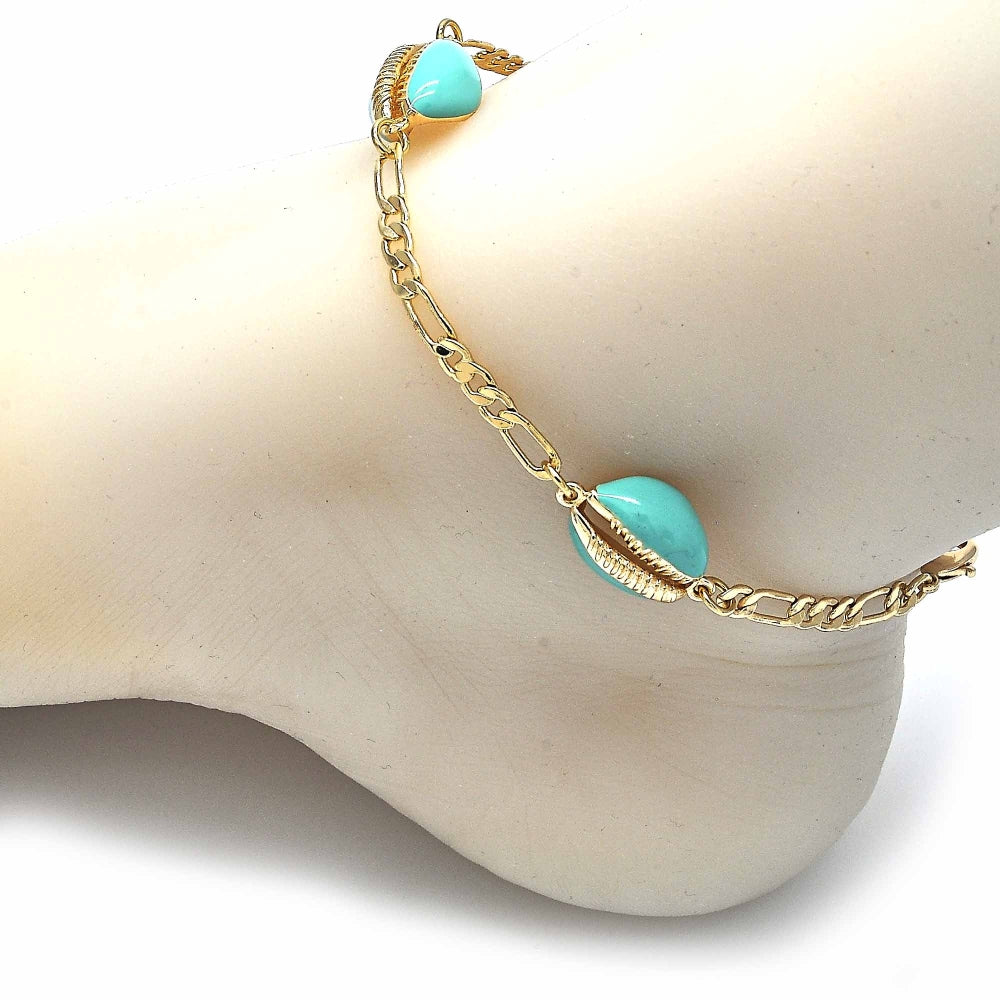 Oro Laminado Fancy Anklet, Gold Filled Style Shell Design, Turquoise Enamel Finish, Golden Finish