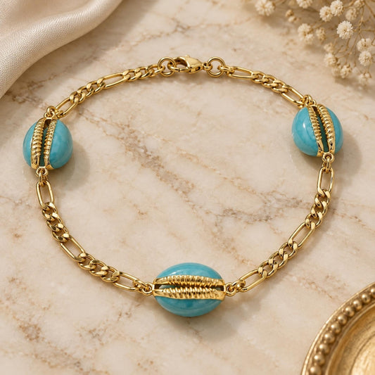 Oro Laminado Fancy Anklet, Gold Filled Style Shell Design, Turquoise Enamel Finish, Golden Finish