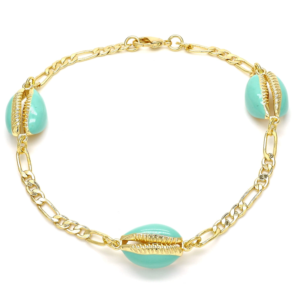 Oro Laminado Fancy Anklet, Gold Filled Style Shell Design, Turquoise Enamel Finish, Golden Finish