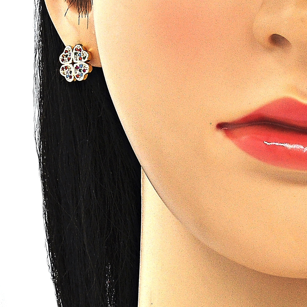 Oro Laminado Stud Earring, Gold Filled Style Four-leaf Clover Design, with Multicolor Micro Pave, Polished, Golden Finish