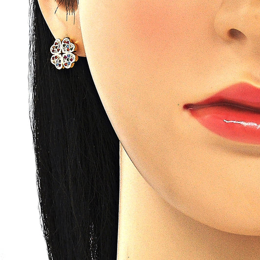 Oro Laminado Stud Earring, Gold Filled Style Four-leaf Clover Design, with Multicolor Micro Pave, Polished, Golden Finish