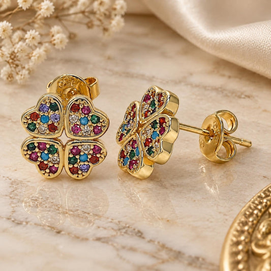 Oro Laminado Stud Earring, Gold Filled Style Four-leaf Clover Design, with Multicolor Micro Pave, Polished, Golden Finish