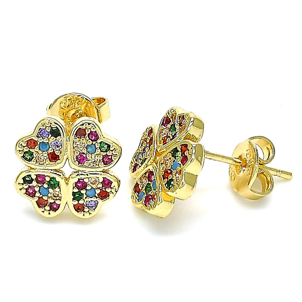 Oro Laminado Stud Earring, Gold Filled Style Four-leaf Clover Design, with Multicolor Micro Pave, Polished, Golden Finish