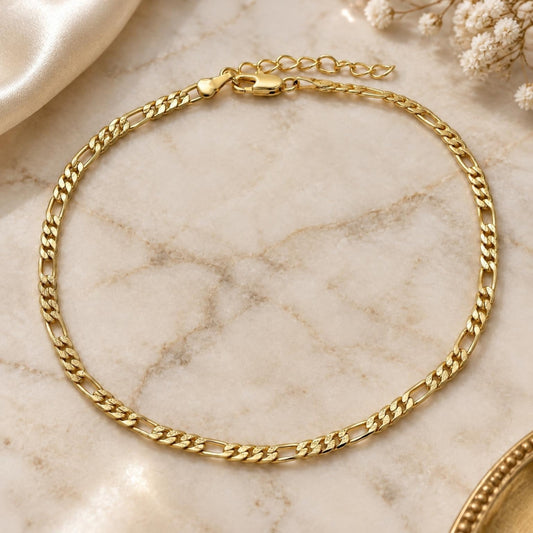 Oro Laminado Basic Anklet, Gold Filled Style Figaro Design, Polished, Golden Finish